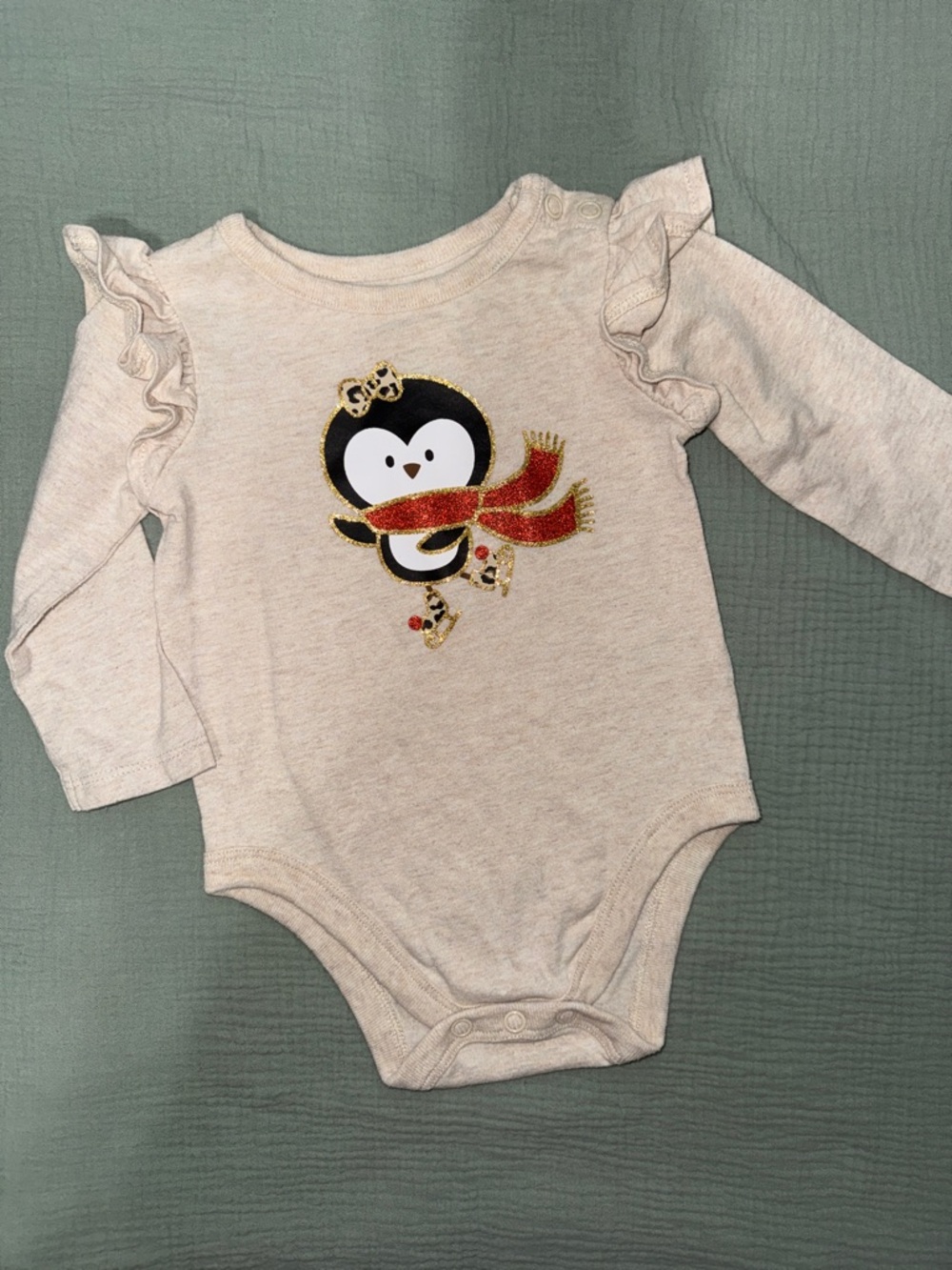 Garanimals Cream Long-Sleeve Penguin Ruffle Baby Bodysuit with Red Scarf